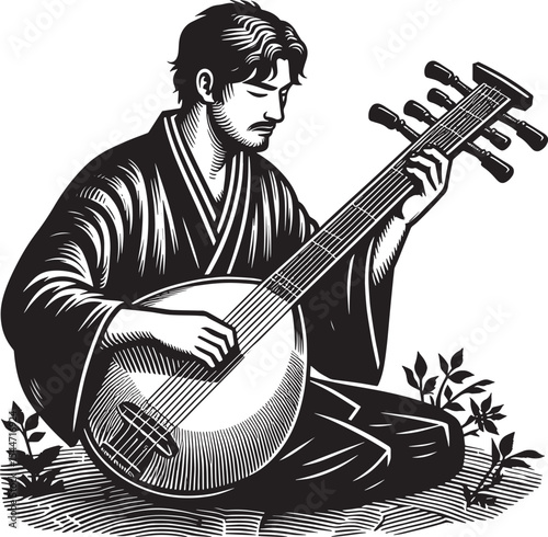 Monochrome illustration of a musician playing a traditional Sham