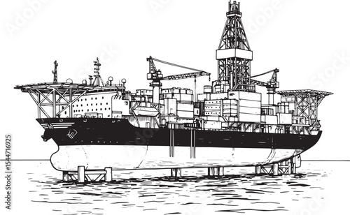 Detailed Black and White Illustration of an Offshore Drilling Ve