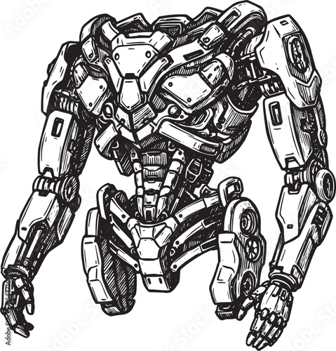 Detailed black and white illustration of a futuristic robot tors