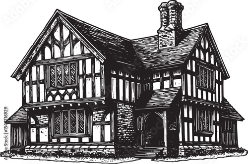 Detailed Pen and Ink Illustration of a Classic Tudor-Style House