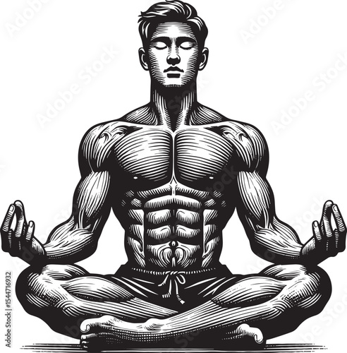 Meditating muscular man, woodcut illustration, serene athlete in