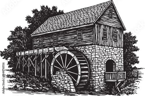 Detailed black and white illustration of an old watermill with a