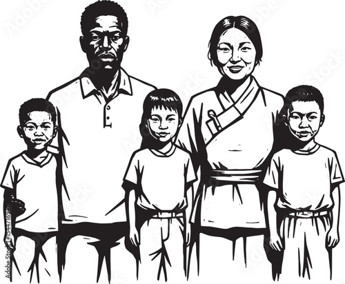 Illustration of a Diverse Family: Father, Mother, and Three Chil
