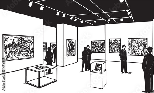 Inside a Modern Art Gallery Exhibition: Visitors Viewing Abstrac