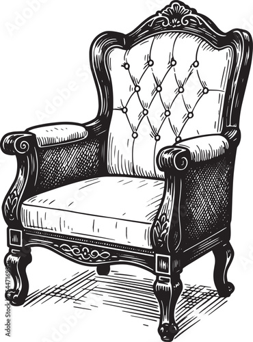 Elegant Hand-Drawn Illustration of a Vintage Wingback Armchair w