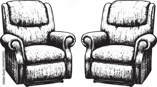 Hand-drawn Illustration of Two Comfortable Recliner Chairs in Mo