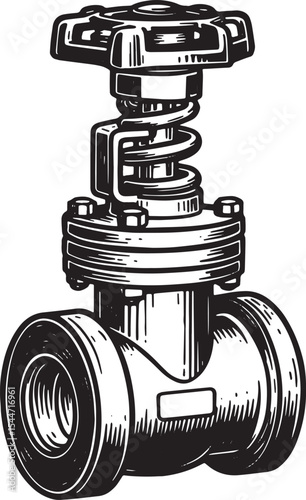 Illustration of a detailed industrial valve in black and white a