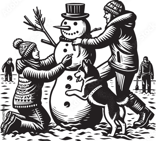 Whimsical winter scene: A couple crafts a snowman as their husky