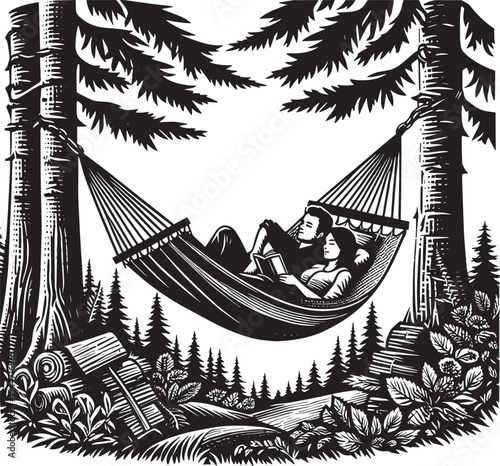 Serene forest getaway: a couple's tranquil moment in a hammock w