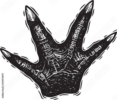 Detailed Black and White Illustration of a Dinosaur Footprint on