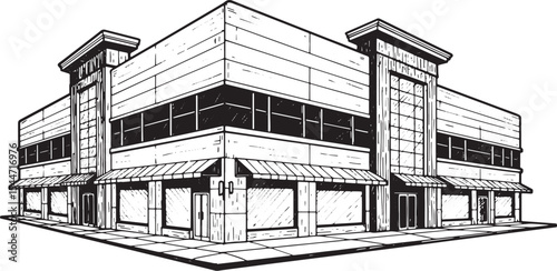 Detailed black and white illustration of a modern commercial bui