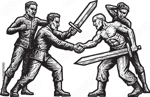 Warriors shaking hands, symbolizing an agreement, peace, or the