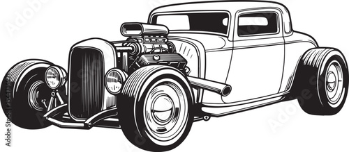 Detailed black and white illustration of a vintage hot rod car r