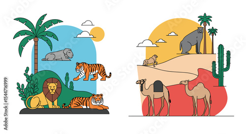 Minimalist Flat Vector Safari Animals Scene Design Nature Environment Animals Collection