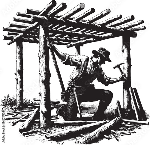 Vintage woodcut illustration of a craftsman building a wooden sh