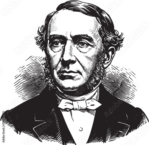 Vintage engraving of a historical figure with a bow tie and form