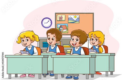 cute students sitting at their desks in class at school