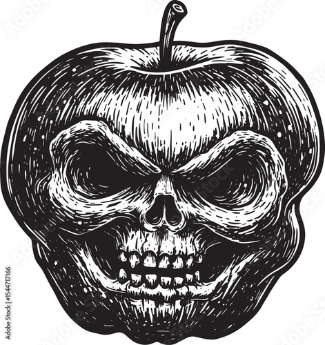 Intricate Black and White Illustration of an Apple-Shaped Skull