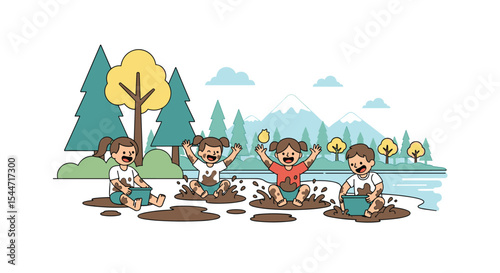 Children Enjoying Muddy Puddles in a Vector Flat Minimalist Outdoor Scene