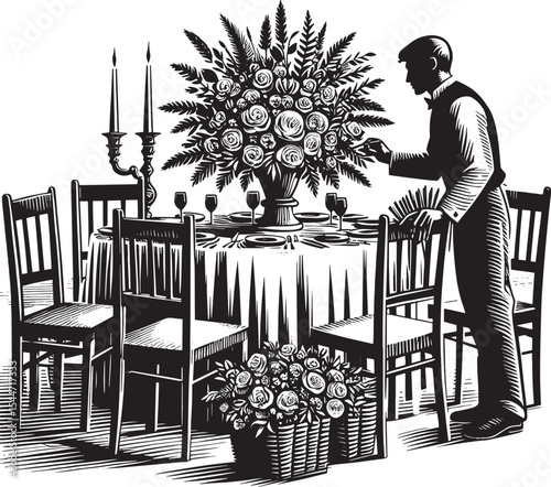 Elegant floral arrangement centerpiece on a dining table, being