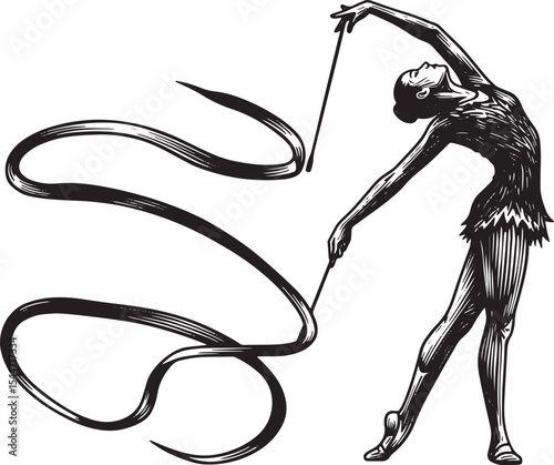 Gymnast performing with a ribbon in an artistic illustration wit