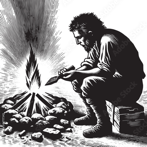 Primitive artisan warming flint tool near campfire in detailed w