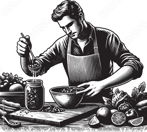 Illustrative monochrome depiction of a man preparing homemade sa