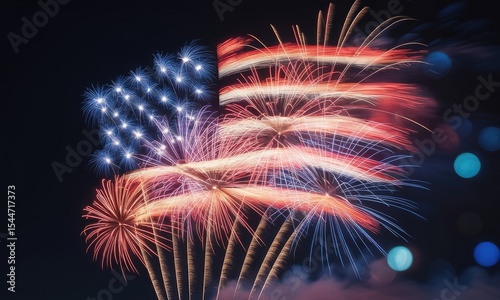 Fireworks display forming a flag at night