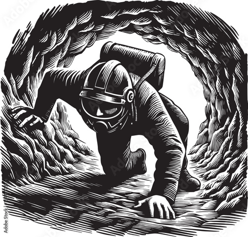 Monochrome illustration of a caver exploring a narrow dark cave