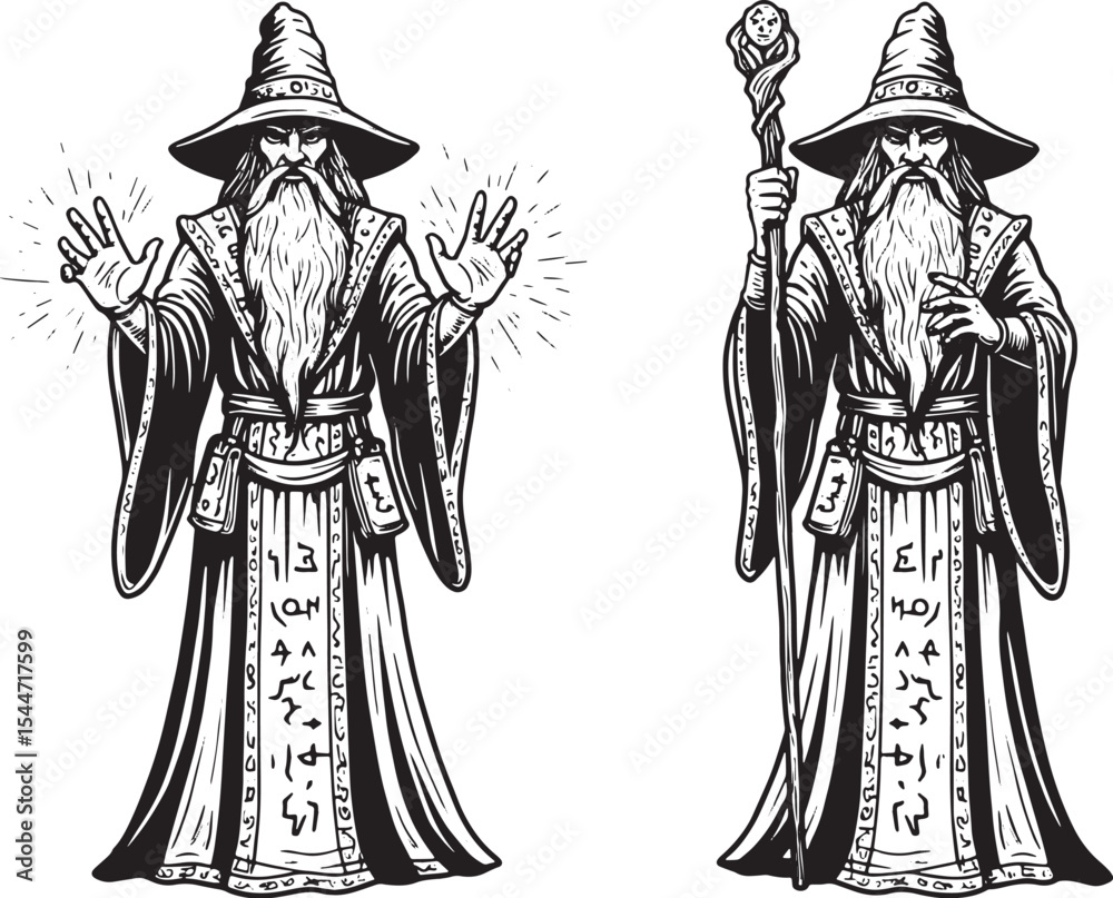 Fototapeta premium Illustration of a Wizard in Two Poses with Magic, Staff, and Det