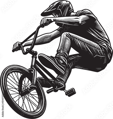 Dynamic BMX Freestyle Rider in Woodcut Style Isolated on White B