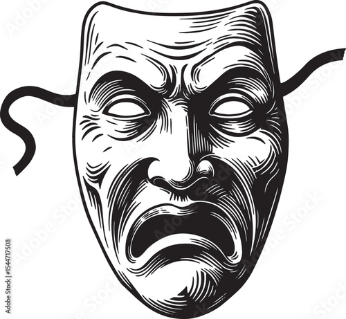 Black and white image of a theater mask representing sadness and