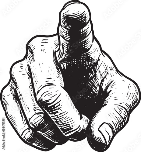 Detailed Hand Pointing Finger Illustration, Black and White Isol
