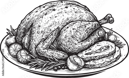 Illustration of a Roasted Turkey on a Plate for Thanksgiving or