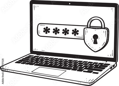 Laptop screen with password field and lock illustration represen