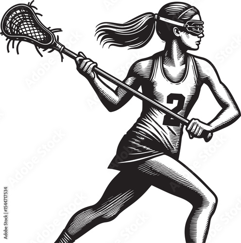 Lacrosse female athlete in clean traditional woodcut drawing, bw