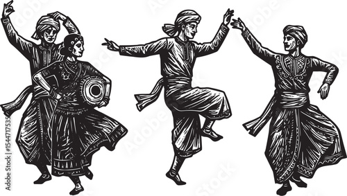 Traditional Indian Dancers in Monochrome Performing a Cultural D