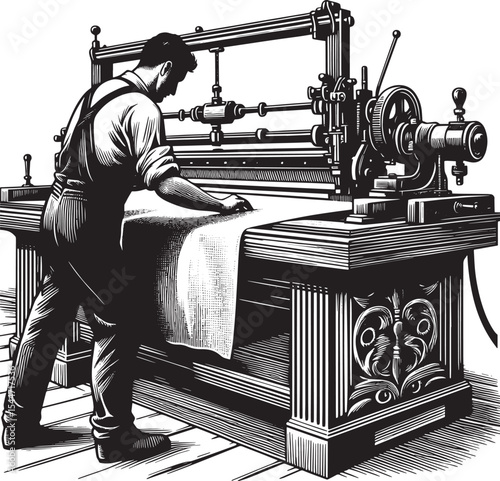 Vintage Textile Factory Worker Inspecting Fabric Using Industria