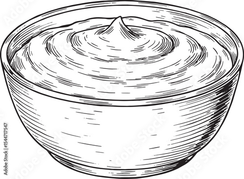 Illustration of a bowl of cream or sauce, detailed vintage style