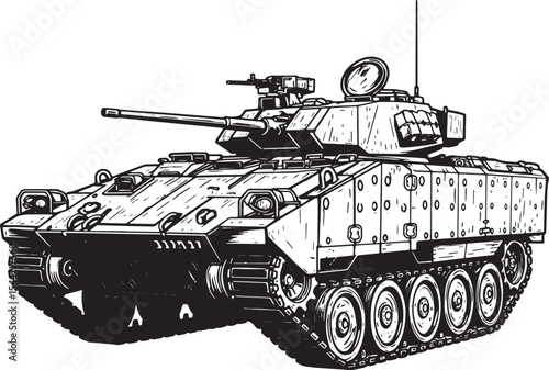 Detailed Black and White Illustration of a Military Tank in a Ve