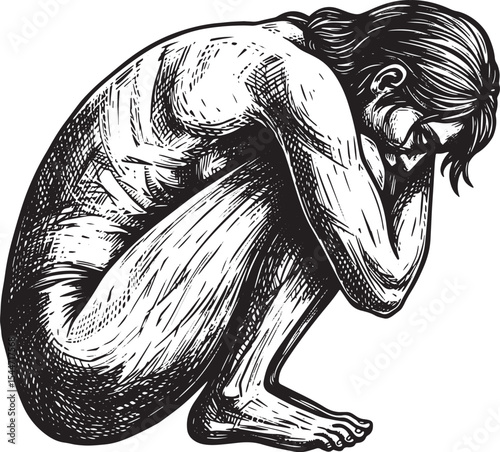 Illustration of a person in a fetal position, showing sadness or