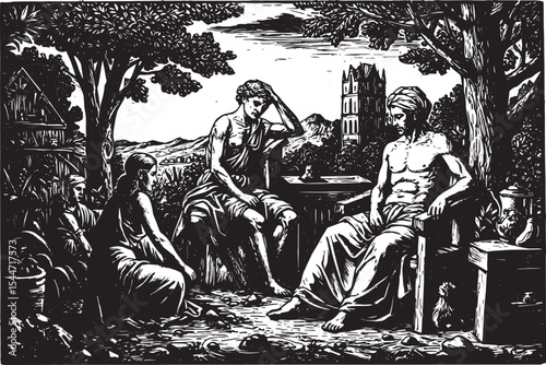 Ancient Greek scene depicting discussion in a garden with archit