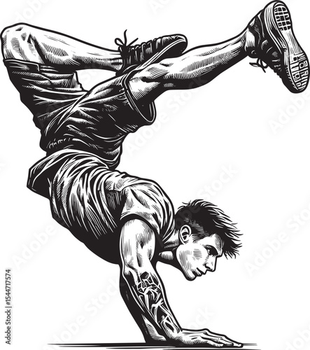 Dynamic black and white parkour artist illustration performing a