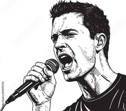 Black and white illustration of a man singing into a microphone