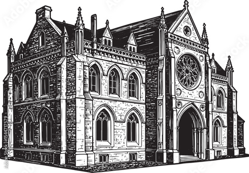 Detailed architectural illustration of a gothic cathedral buildi
