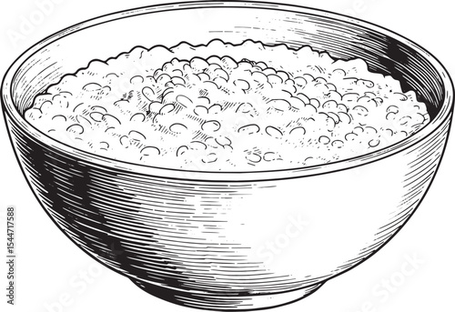 Detailed black and white drawing of a bowl filled with grains or