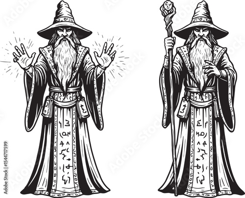 Illustration of a Wizard in Two Poses with Magic, Staff, and Det