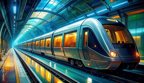 Modern High Speed Train Arriving at Futuristic Subway Station Platform