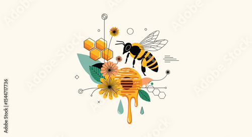 Honey Bee and Honeycomb Floral Composition in Flat Minimalist Vector Design Style