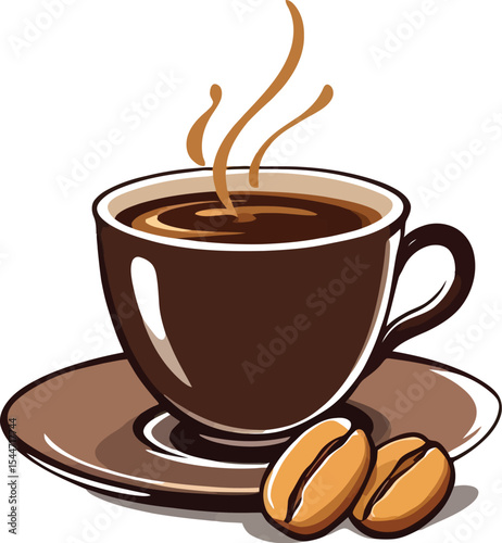 Hot Coffee Cup Logo with Steaming Beverage and Coffee Beans on Saucer for Café, Beverage, and Branding Design